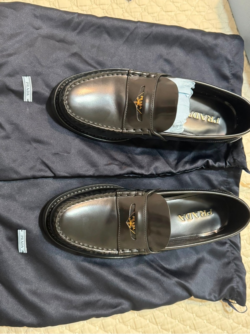 Prada Black Leather Penny Loafers with Gold Logo Hardware - Picture 2 of 12